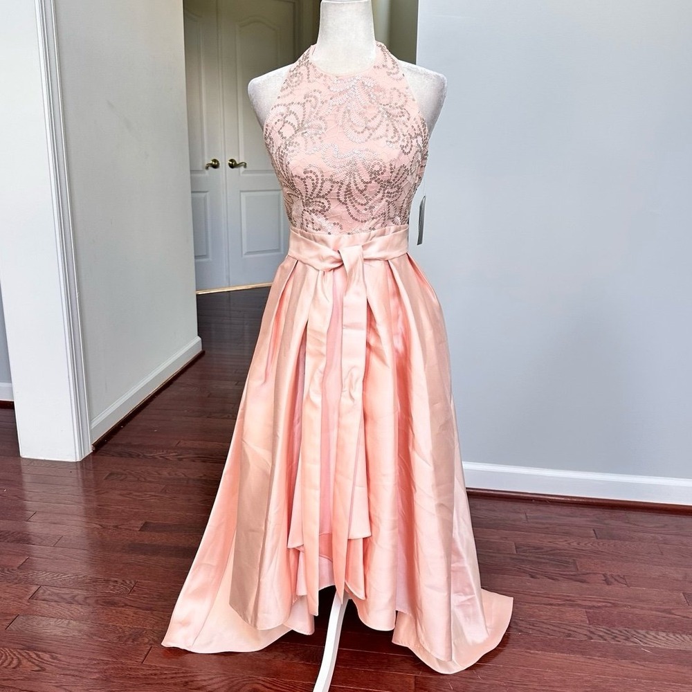 NWT Ignite Evenings Peach Silver Sequin High Low Belted Pleated Gown Dress